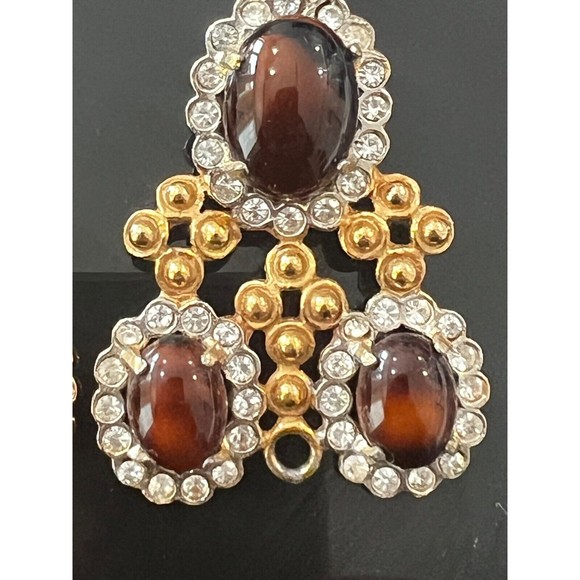 Vtg KJL Chandelier Earrings Clip on Brown Cabochon Rhinestone Dangle 60's - Picture 3 of 11